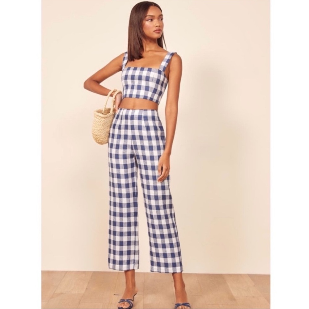 Reformation Blue and White Checkered Jumpsuit